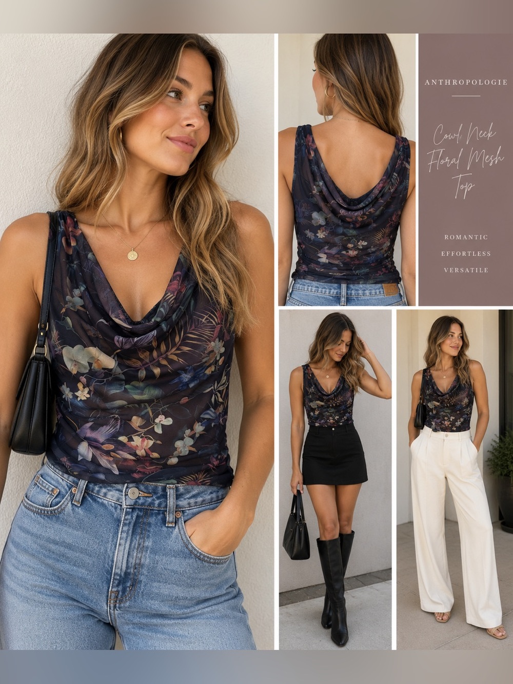 Anthropologie Women’s Small Dark Floral Mesh Cowl Neck Sleeveless Top Y2K